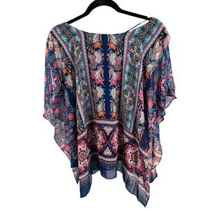 Coco Bianco Floral Print Sheer‎ Navy Blue Cape Top Chain Strap Womens M